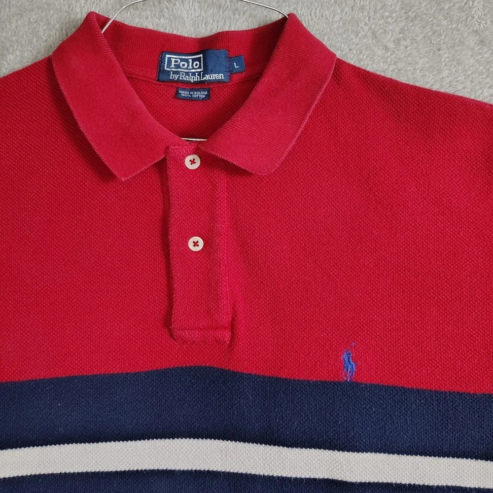 Vtg 90's Polo By‎ Ralph Lauren Striped Terry Cloth Collared Polo Shirt Large